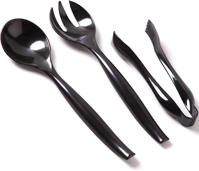 Supernal 72pcs Plastic Serving Utensils Heavy Duty Disposable Serving Tongs Black Disposable Serving Set 10" Spoons 10" Forks 6" Tongs Each 24pcs