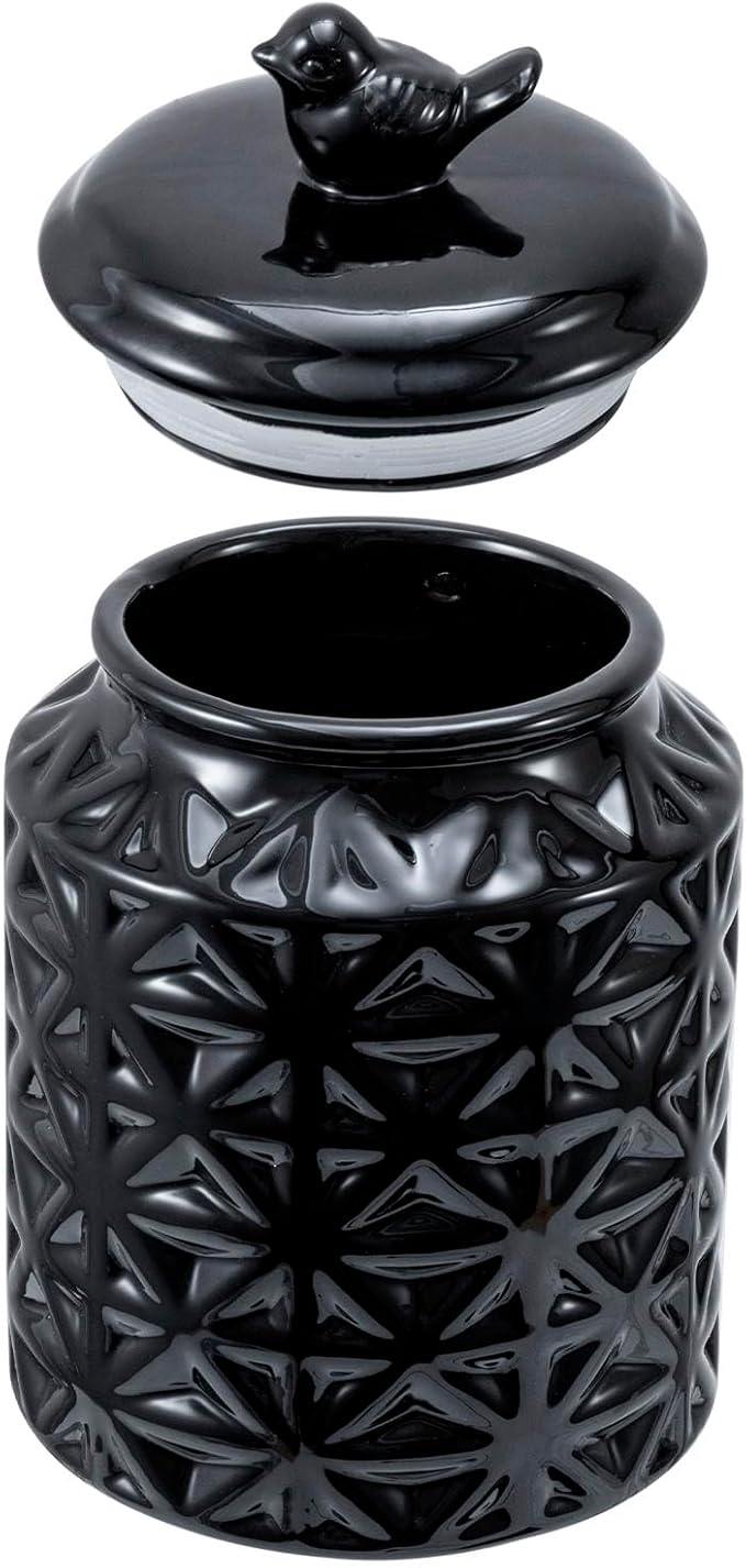 MyGift 6 Inch Round Black Ceramic Cookie Jar with Airtight Lid and Bird Shape Top Handle, Vintage Style Kitchen Canister with Embossed Geometric Star Pattern