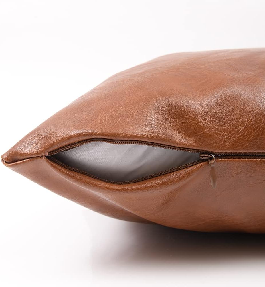 Fancy Homi Brown Boho Long Lumbar Faux Leather Decorative Throw Pillow Covers 14x20 Inch for Living Room Couch Bed Sofa, Hand Stitched Rectangle Cushion Case, Rustic Modern Farmhouse Home Decor