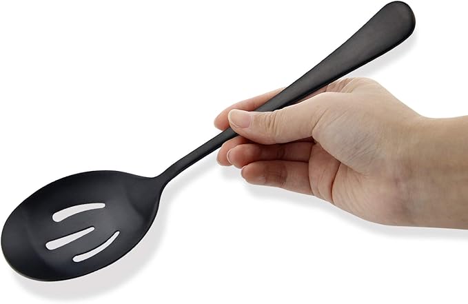 AOOSY 8.7Inch Matte Black Stainless Steel Serving Spoon Set, Serving Spoons x 3, Slotted Spoons x 3 Utility Advanced Buffet Utensils, Premium Skimmer & Perforated Design