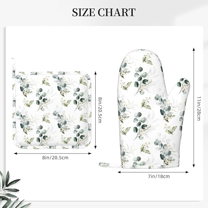 Sage Green Eucalyptus Oven Mitts and Pot Holders Sets Silicone Watercolor Plant Leaves Floral Kitchen Oven Mitts Hot Pads Heat Resistant Potholders Kitchen Mitts Set for Baking BBQ Cooking