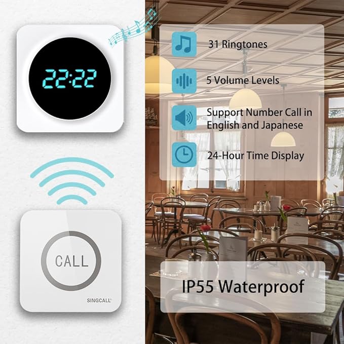 SINGCALL Restaurant Pager System Waiter Calling System Pagers and Beepers for Kitchen,Fast Food,Hotel,Restaurants,Cafe,Bar to Call Waiters 2 Waterproof Wireless Call Buttons
