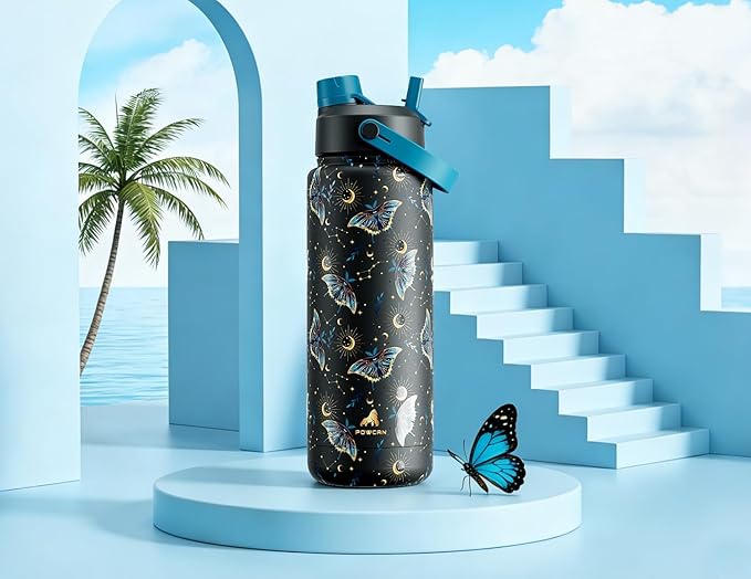 POWCAN 32 oz Insulated Water Bottle with 2-in-1 Straw and Spout Lid, Keep Cold 24H, Leak-Proof, BPA-Free, Double Wall Stainless Steel Water Bottle for Sports, Gym, Travel and School (Gilded Flutter)