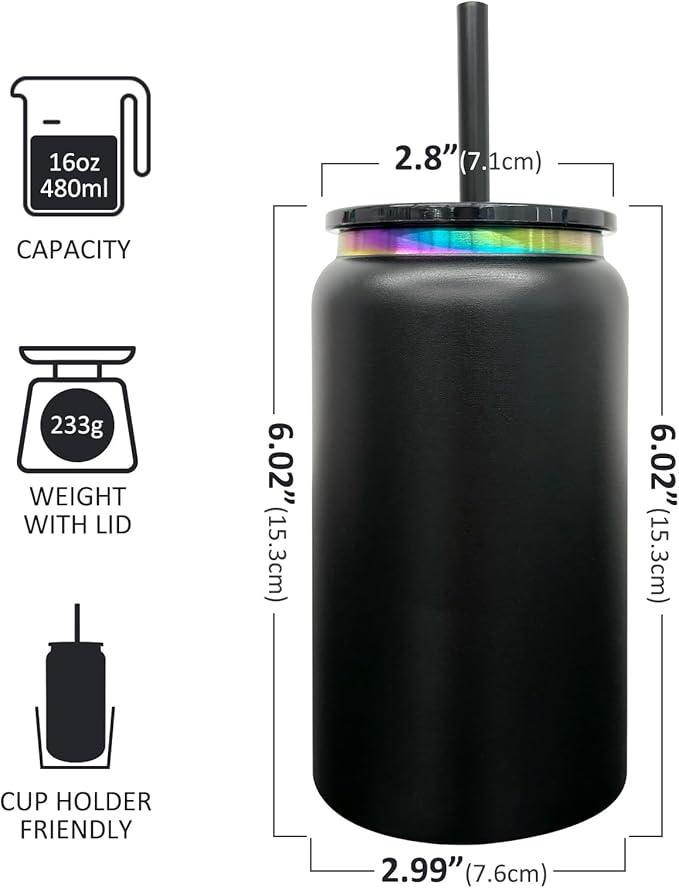 4 Pack Glass Cups with Lids and Straws, 16 oz Stainless Steel Cups, Insulated Skinny Tumbler, Powder Coated Travel Tumblers for Laser Engrave, Iced Coffee Cup for Smoothie Water DIY Gift(Black,4 pack)
