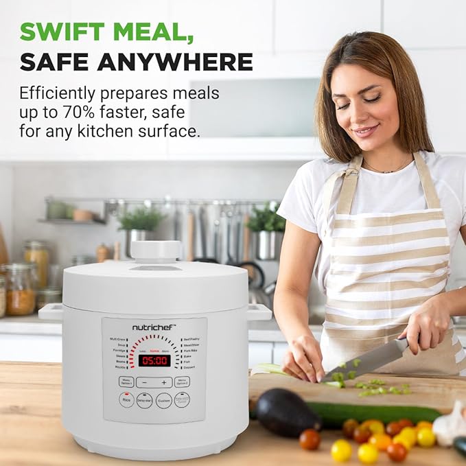 NutriChef 6 Quart Electric Pressure Cooker | 12 Function Digital Countertop Pressure Cooker | Adjustable Time & Temperature | Re-heat and Keep Warm Function | 13.1 x 11.4 IN | White