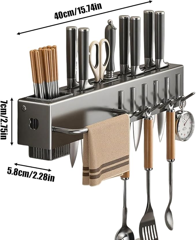 Utensil Holder – Kitchen Wall Organizer | No-Drilling Wall Mount Cutlery Storage Rack With Hooks, Towel Hanger For Spatula, Spoon, Mug & Kitchen Accessories Organization And Space Saving