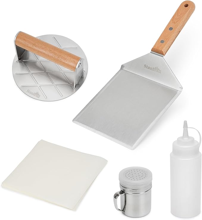 Stanbroil 5 Piece Smash Burger Press Kit for Flat Top Grill - Stainless Steel Grill Spatula and Burger Smasher, Spice Shaker, Squeeze Bottles and Patty Paper for BBQ Griddle Cooking