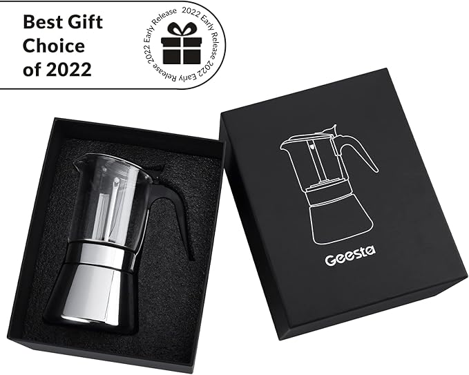 Geesta Premium Crystal Glass-Top Stovetop Espresso Moka Pot - 4/6/ 9 Cups Stainless Steel Coffee Maker- 360ml/12.7oz/9 cup (espresso cup=40ml)