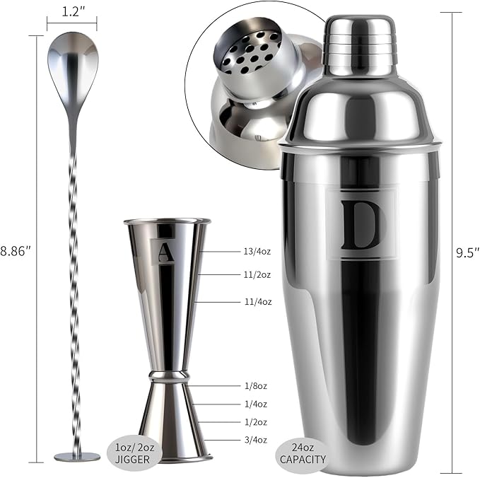 24oz Cocktail Shaker Set with 1 oz 2oz Jigger - Monogramm Initials Martini Shaker Set - 304 Stainless Steel Bar Shaker for Margarita,Mojito-Personalized Gift for Friend,Husband-H