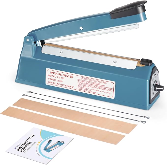 METRONIC Impulse Heat Sealer 8 Inch, Manual Bags Sealer Heat Sealing Machine Impulse, Sealer Machine for Plastic Bags PE PP Bags with Extra Replace Element Grip