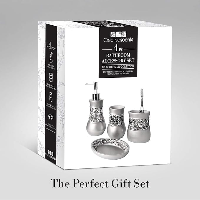 Creative Scents Crackled Glass Silver Bathroom Accessory Set – 4-Piece Vanity Set Includes: Lotion Soap Dispenser, Toothbrush Holder, Tumbler, and Soap Dish