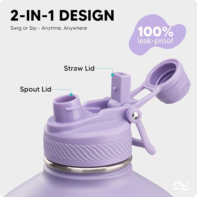 Swigina [2-IN-1 LID] Gallon Insulated Water Bottle with Silicone Boot (48hrs Cold/24hrs Hot) - DIY Stickers, Leakproof, BPA Free, 128 oz