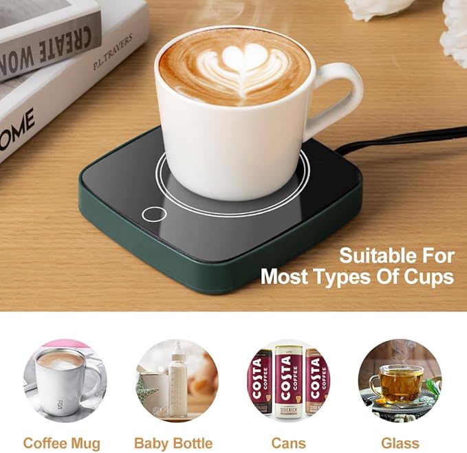 Coffee Cup Warmer 12Hours Auto Shut-Off Mug Warmer with 3 Temperature Setting,Waterproof Tempered Glass Honeycomb Vents 16W Electric Coffee Warmer for Desk Use (Green)