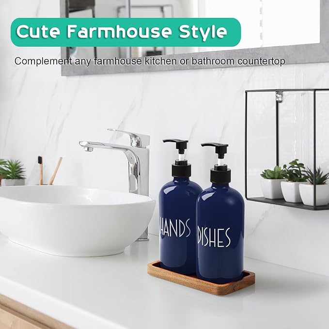 Navy Blue Dish Soap Dispenser for Kitchen - 16 OZ Hand Soap Dispenser Set with Acacia Wood Tray - Blue Kitchen Bathroom Home Decor and Accessories