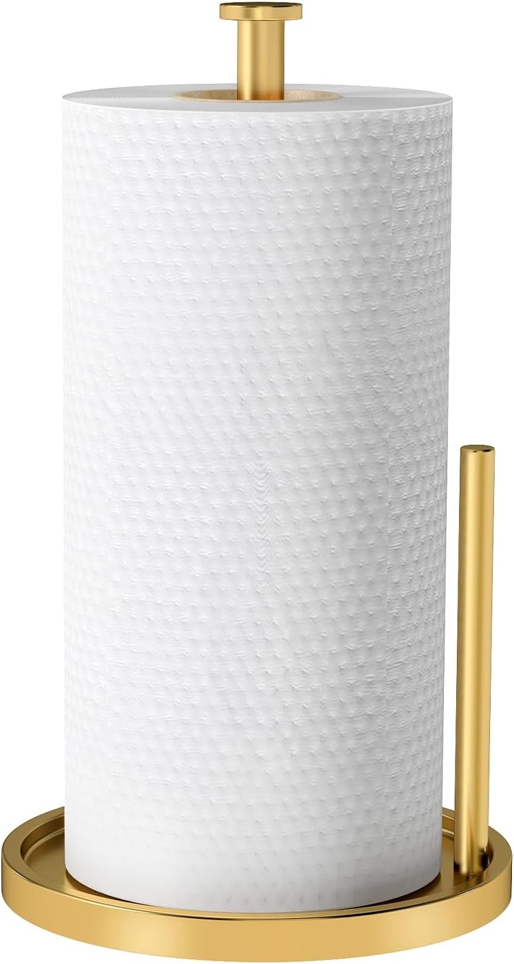 Paper Towel Holder Countertop, Standing Paper Roll Holder with Anti Slip Weighted Base, Stainless Steel Freestanding Paper Towel Holder for Kitchen, Gold