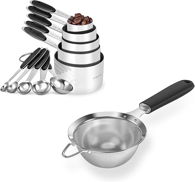 U-Taste 10 Piece Measuring Cups and Spoons Set in 18/8 Stainless Steel, and 18/8 Stainless Steel 3.9 inch 30 Mesh Strainer (Black)