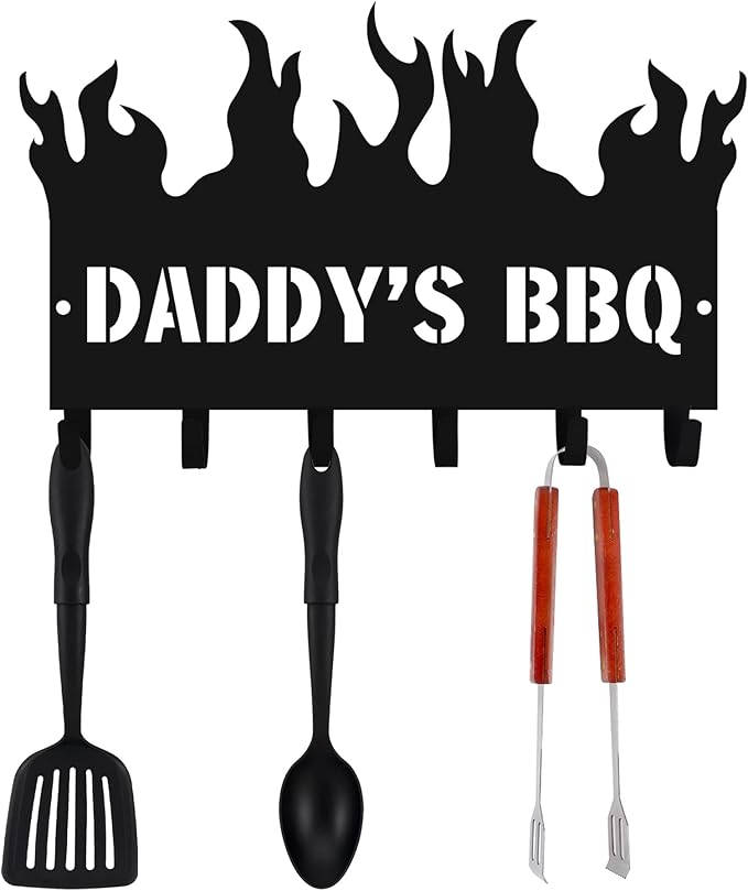 Personalized BBQ Cooking Utensils Wall Hooks Rack for Dad Custom Grilling Tool Organizer Barbecue Tool Metal Storage Holders Grill Cutlery Hanger Father's Day Utensils Hanging Hooks (Style 1)