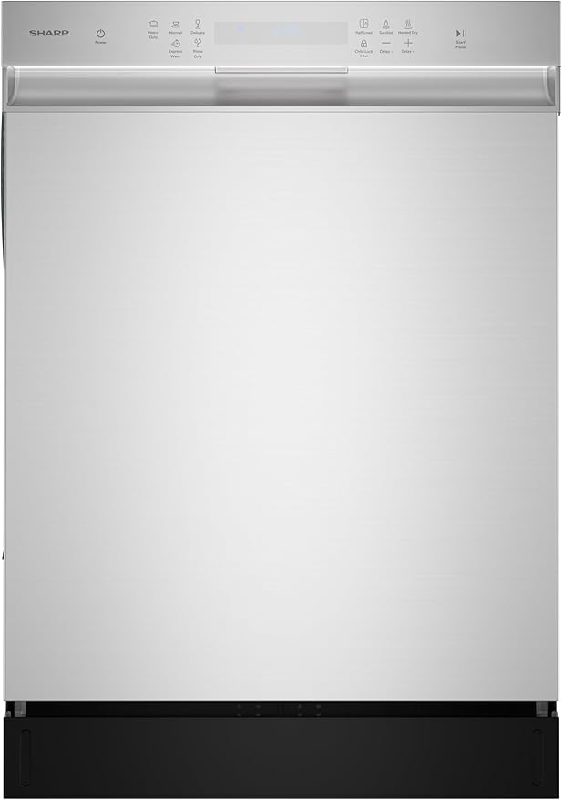Sharp SDW6504MS Stainless Steel Dishwasher, 24-inch Pocket Handle, 52 dB, Hybrid Tub, 12 Place Settings, 5 Cycles, Heated Dry