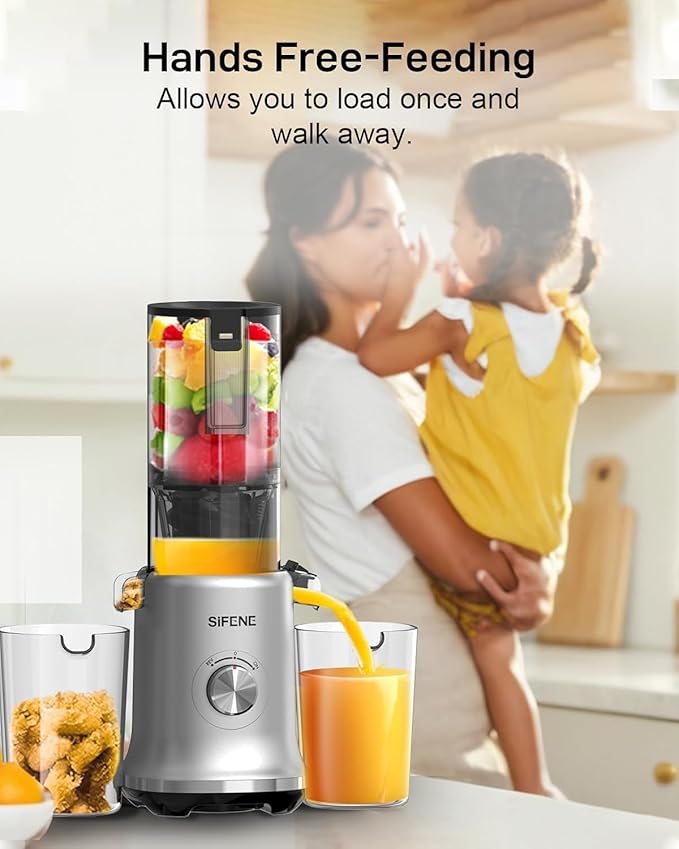 SIFENE Cold Press Juicer, 4" Wide Feed Chute Masticating Juicer with 63RPM Slow Grind, High Juice Yield Fruit & Vegetable Juicer Machine, Easy to Clean with Reverse Function, BPA-Free, Gray