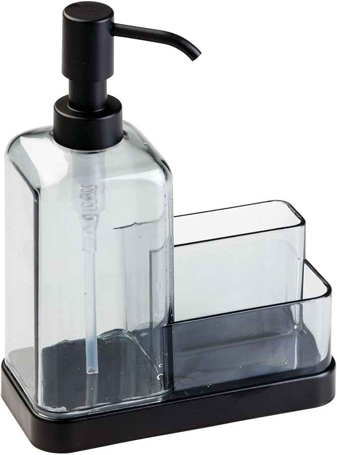 mDesign Plastic Kitchen Sink Countertop Hand Soap Dispenser Pump Bottle Caddy Organizer Holder with Storage for Bathroom - Holds Dish Sponge and Brushes - Omni Collection - Clear/Chrome