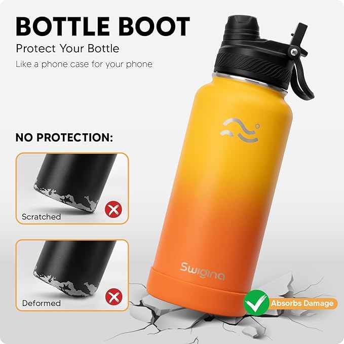Swigina [2-IN-1 LID] Insulated Water Bottle with Silicone Boot (36hrs Cold/18hrs Hot) - DIY Stickers, Leakproof, BPA Free, 32 oz
