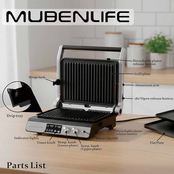 Panini Press,4 Slices Contact Grill with Removable Non-Stick Coated Grill and Flat Plates,Panini Makers with Temperature Control and Timer,Open 180 Degrees,Grill and Griddle (Silver with digital)