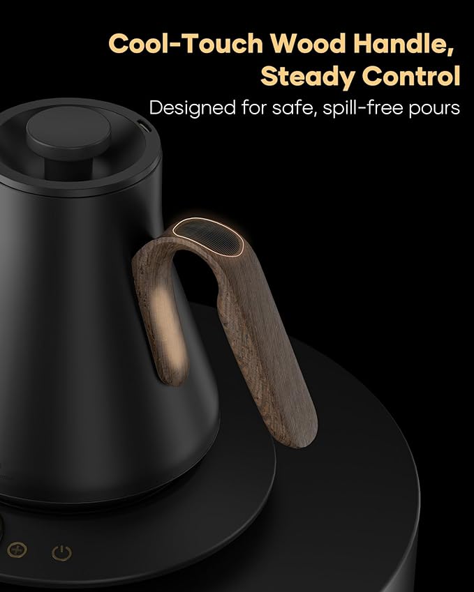 Cocinare Barista Collection Gooseneck Electric Kettle, ±1℉ Precise Temperature Control for Pour-Over Coffee & Tea, Quick Heating 1500W, Stainless Steel Interior, 0.9L (Goya Walnut)