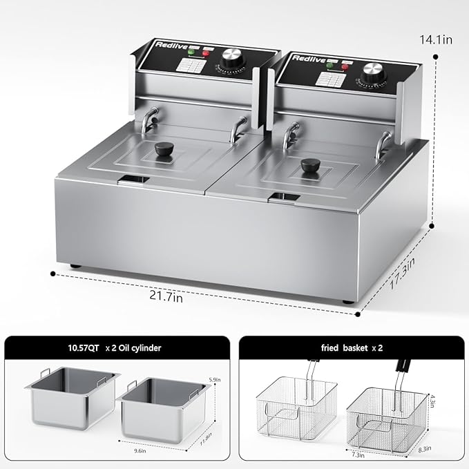 Electric Deep Fryer 3400W Hot 21QT/20L Commercial Deep Fryers with 2 Independent use Baskets Countertop Oil Fryer for Restaurant Use and Home Kitchen