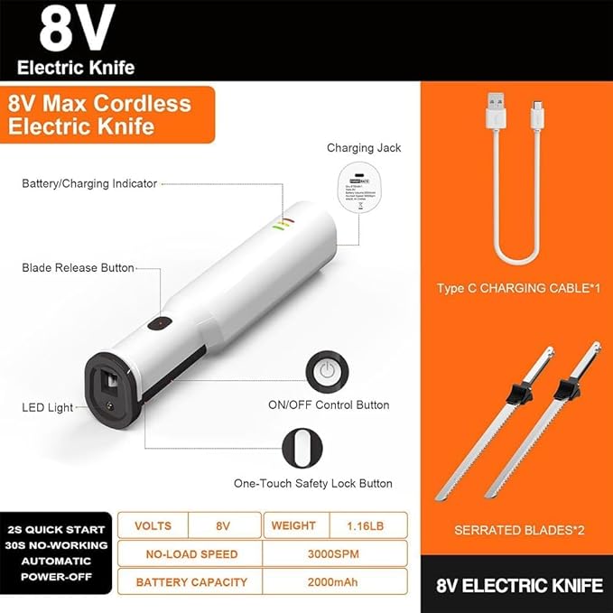 Electric Carving Knife Bread Knife, Cordless Rechargeable Meat Cutting Knife with 2 Serrated 8 Inch Stainless Steel Blades and Safety Lock for Bread, Vegetables, Fruits, Delicatessen
