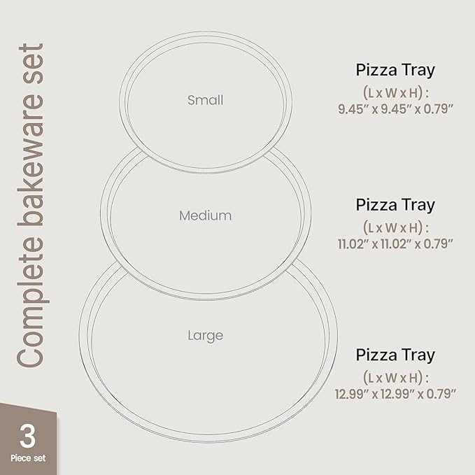 White Marble Non Stick Pizza Pans Set of 3 – Carbon Steel Pizza Baking Trays (9.45", 11.02", 12.99") for Oven Use, Durable, PFOA, PFOS, PTFE Free, Dishwasher Safe, Stain-resistant, Easy Cleanup