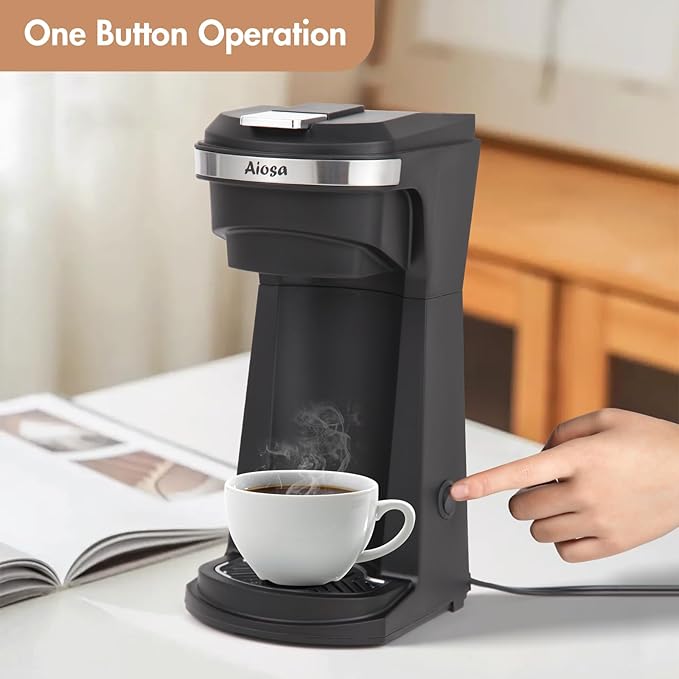 2 in 1 Single Serve Kcup Coffee Maker (6-14Oz), 800W Fast Brew, Compact Design with Reusable Filter, One-Button Auto Shut-Off, Travel Mug Fit, Compatible with K-Cup/Ground Coffee/Tea, Black