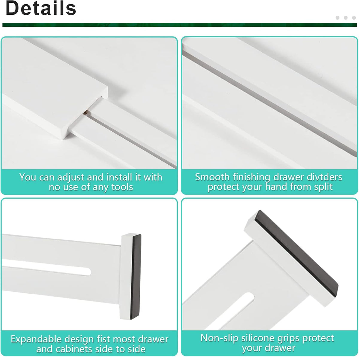 FJO 4 Pack Adjustable Bamboo Drawer Dividers - 12.5" - 21.7" Expandable Drawer Separators for Kitchen, Utensils, Clothes, Bedroom, Dresser, Bathroom (White)