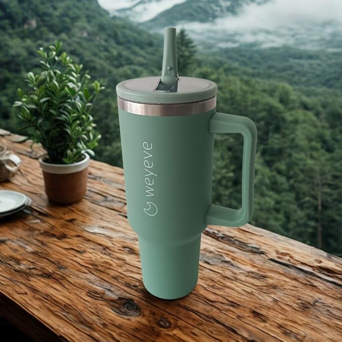 40oz Tumbler with Handle, Flip Straw, and Leak-Proof Lid – Stainless Steel Double Wall Insulated Travel Mug (Jade Green)