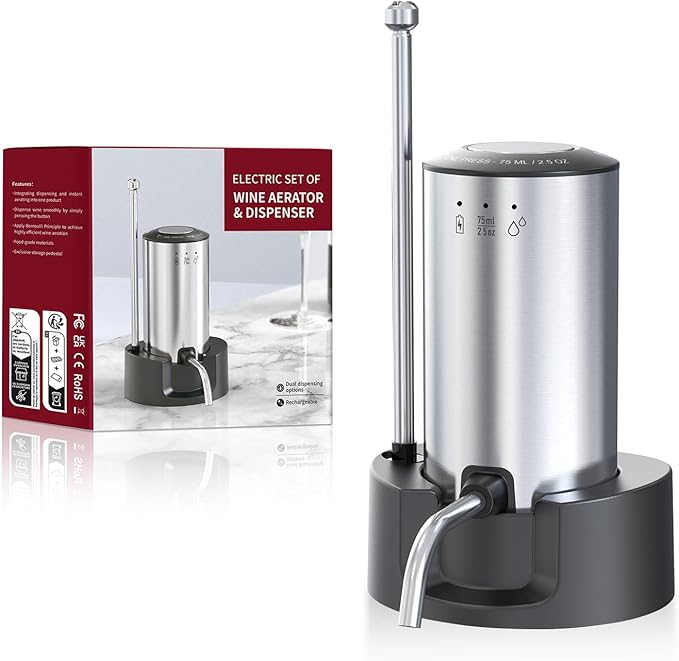 Upgraded Wine aerator Electric Wine Decanter, Rechargeable Automatic Wine Dispenser withStorage Base,Two Modes:long press to continuously Dispense wine/single press to Dispense75ml of Wine(Silver-set)