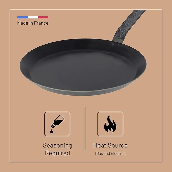 de Buyer Blue Carbon Steel Crepe & Tortilla Pan - 9.5” Diameter, 7.75” Cooking Surface - Ideal for Making & Reheating Crepes, Tortillas & Pancakes - Naturally Non-Stick Finish - Made in France