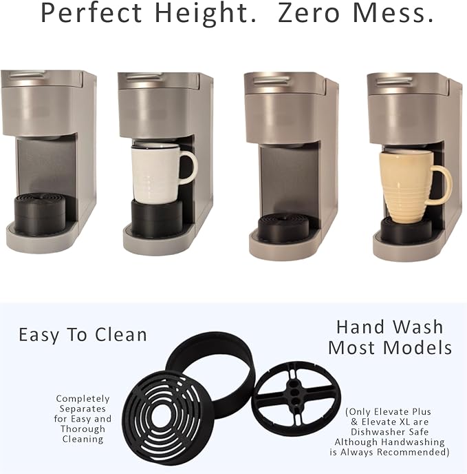 Elevate Anti-Splash Cup Riser Accessory for most Keurig K-cup, Cuisinart Single Serve, and other Coffee Makers, Adjustable for Cup Size and Drip Tray Type (Black with Black Base)
