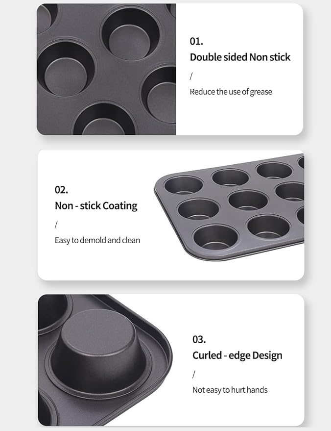 1 Pack black stainless steel muffin pan，muffin pans nonstick 12，cupcake tin，cup cake pans for baking