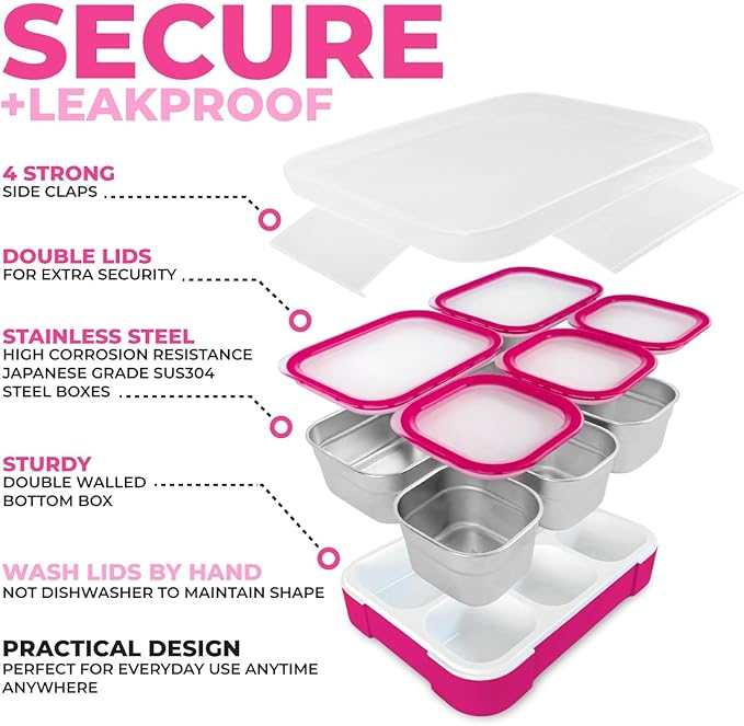 kinsho Stainless Steel Bento Lunch Box Set for Adults, Kids - Insulated Bag and Ice Pack - Leak-Proof Metal Compartment Meal Prep Food & Snack Containers for Work Travel School Daycare, 34 oz Pink