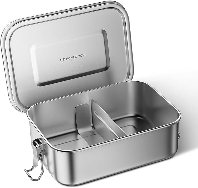 G.a HOMEFAVOR Stainless Steel Bento Lunch Box - Leak-Proof Metal Bento Box, Large Food Container with Lock Clips, Snack Container, Dishwasher Safe, 2 Compartments, 800 ml/27 oz