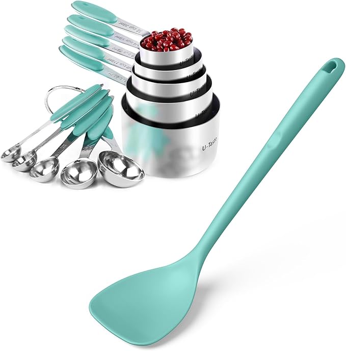 U-Taste 18/8 Stainless Steel Measuring Cups and Spoons Set of 10 and 600ºF Heat Resistant 13.76" Long, 3.63" Wide Wok Spatula for Kitchen Stir Fry (Aqua Sky)