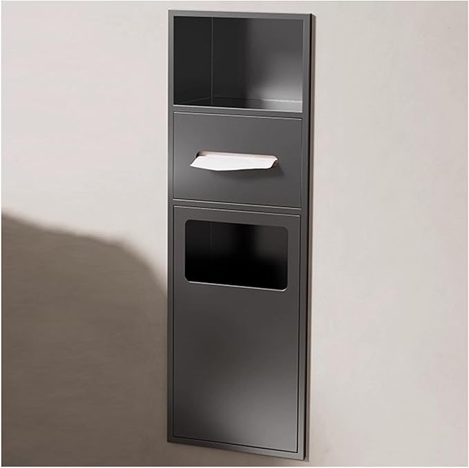 Hidden Trash Can Cabinet, Stainless Steel Recessed Bathroom Shower Niche, Waterproof Wall Niche Toilet Tissue Holder, Built-in Trash Can Alcove Toiletries Storage Rack