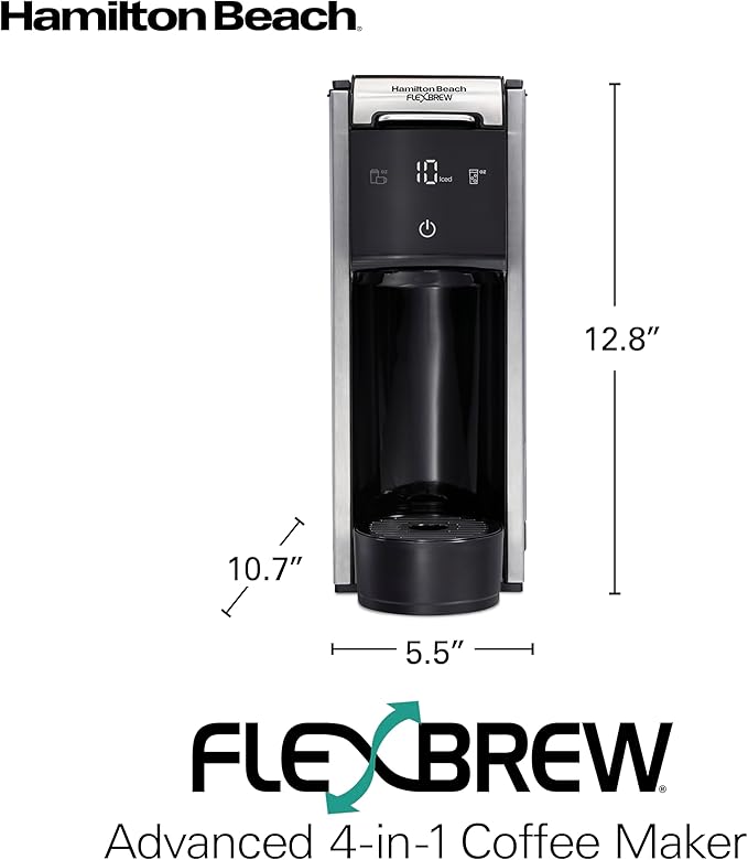 Hamilton Beach FlexBrew Advanced 4-in-1 Single Serve Hot & Iced Coffee Maker with Removable 45 oz. Water Reservoir, Use Pod Packs and Grounds, Fast Brewing, LED Touchscreen, Black (49925)