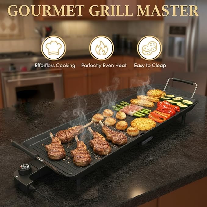 39.5-Inch Electric Griddle & Teppanyaki Grill, 1400W Large Non-Stick Surface, Intelligent Temperature Control, Easy to Clean. Indoor/Outdoor Use for Pancakes, BBQ, Camping & Gatherings