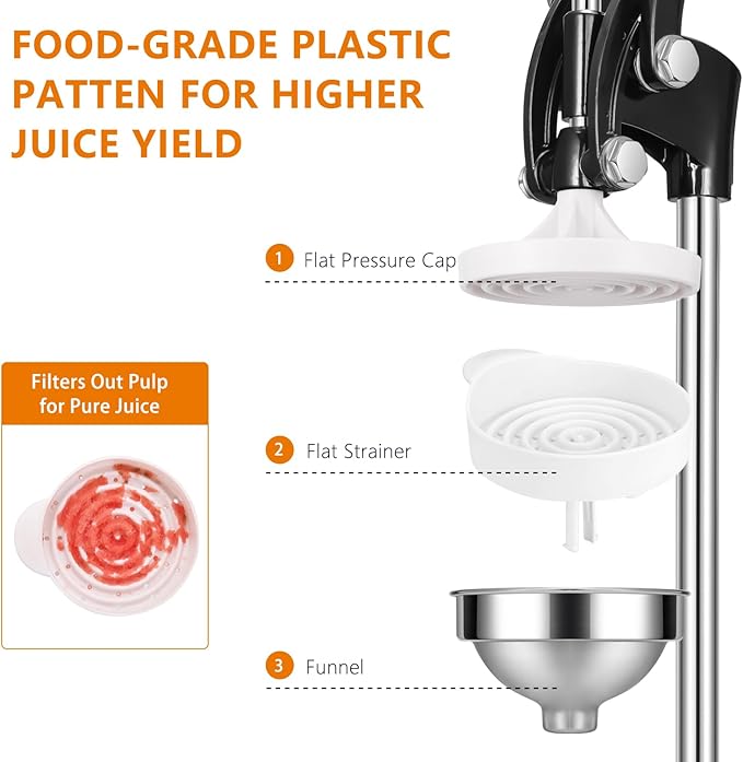 TONGCHANT Cast Iron Juicer, 19" Tall Heavy Duty Citrus Press with Dual Pattern | Manual Juicer for Orange Lemon Pomegranate, Easy to Clean, Stainless Steel Cup, Black