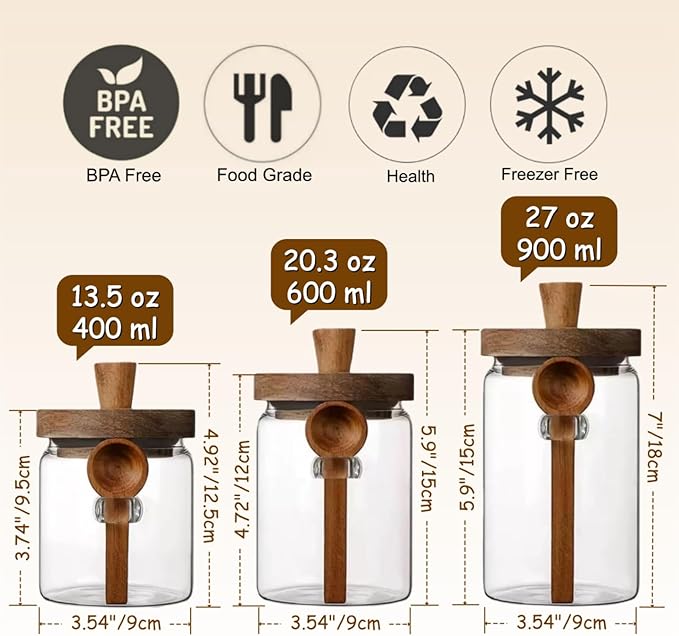 ANSQU Glass Jars with Wooden Lids and Spoons (13.5oz/20.3oz/27oz), Set of 3 Glass Food Storage Containers Coffee Jar Coffee Grounds Container, Glass Food Storage Canisters
