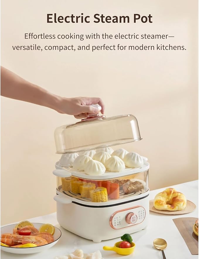 Two Tier Food Steamer, 1200W Electric Hot Pot with Steaming Plate, Mini Hot Pot for Fast Simultaneous Cooking, 10.5L Stackable Multipurpose Cooker for Soup Noodles Oatmeal (PP+pc