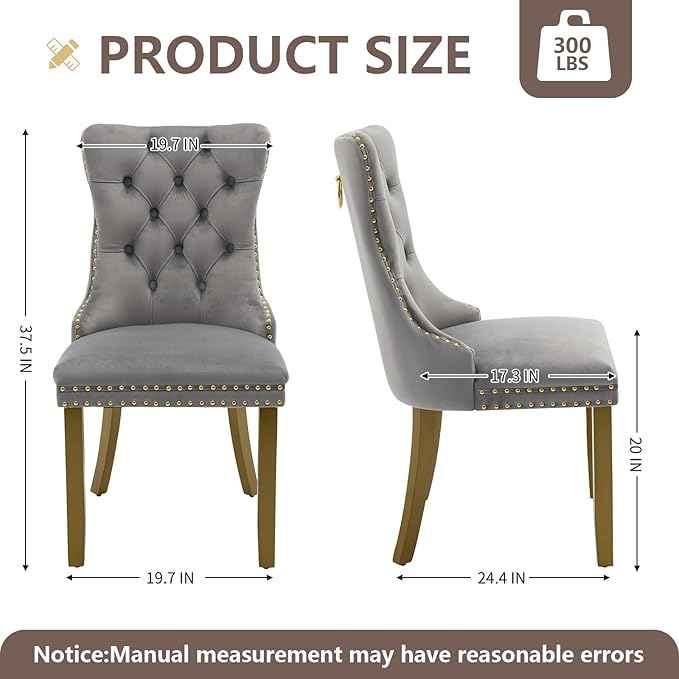 Velvet Dining Chairs Set of 4, Kitchen & Dining Room Chairs, Upholstered Dining Chairs with Back Ring Pull and Golden Solid Wood Legs, Modern Tufted Kitchen Chairs for Dining Room, Light Grey