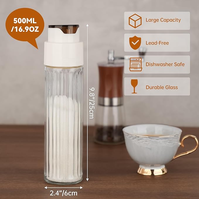 NiHome 16.9 OZ Sugar Dispenser with Automatic Pouring Switch for Home, Kitchen, Coffee Station, Large Capacity Glass Jar for Sugar, Coffee Creamer, Salt, Food-Grade Glass with Anti-Slip Ribbed Design