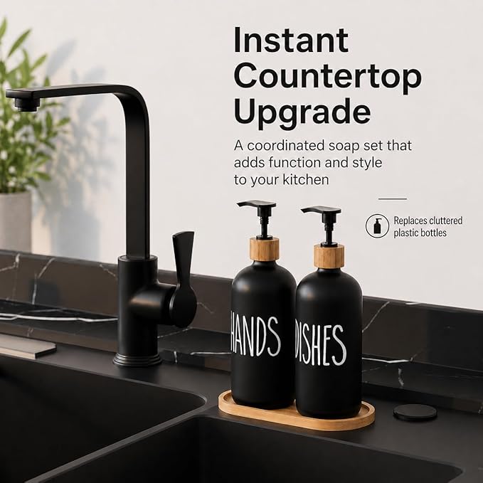 Glass Soap Dispenser for Kitchen Sink and Bathroom - Modern Farmhouse Decor, Hand Soap Dispenser for Kitchen Sink Decor