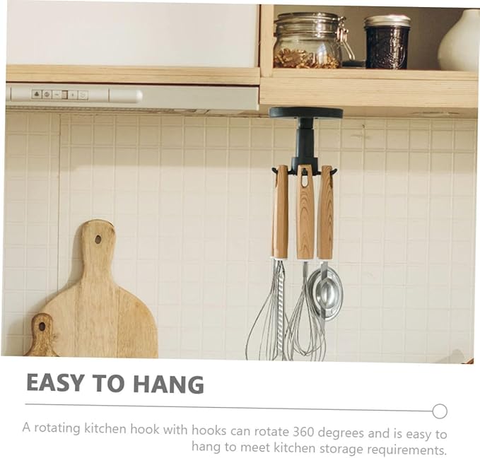 Zerodeko Rotatable Kitchen Utensil Hooks 3pcs Set Black Multi-Functional Wall Hanger Adhesive Under Cabinet Storage Organizer for Kitchen Tools and Measuring Spoons